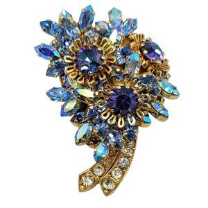 Austria Gold Tone Blue Crystal Clear Rhinestones Floral Brooch, Signed